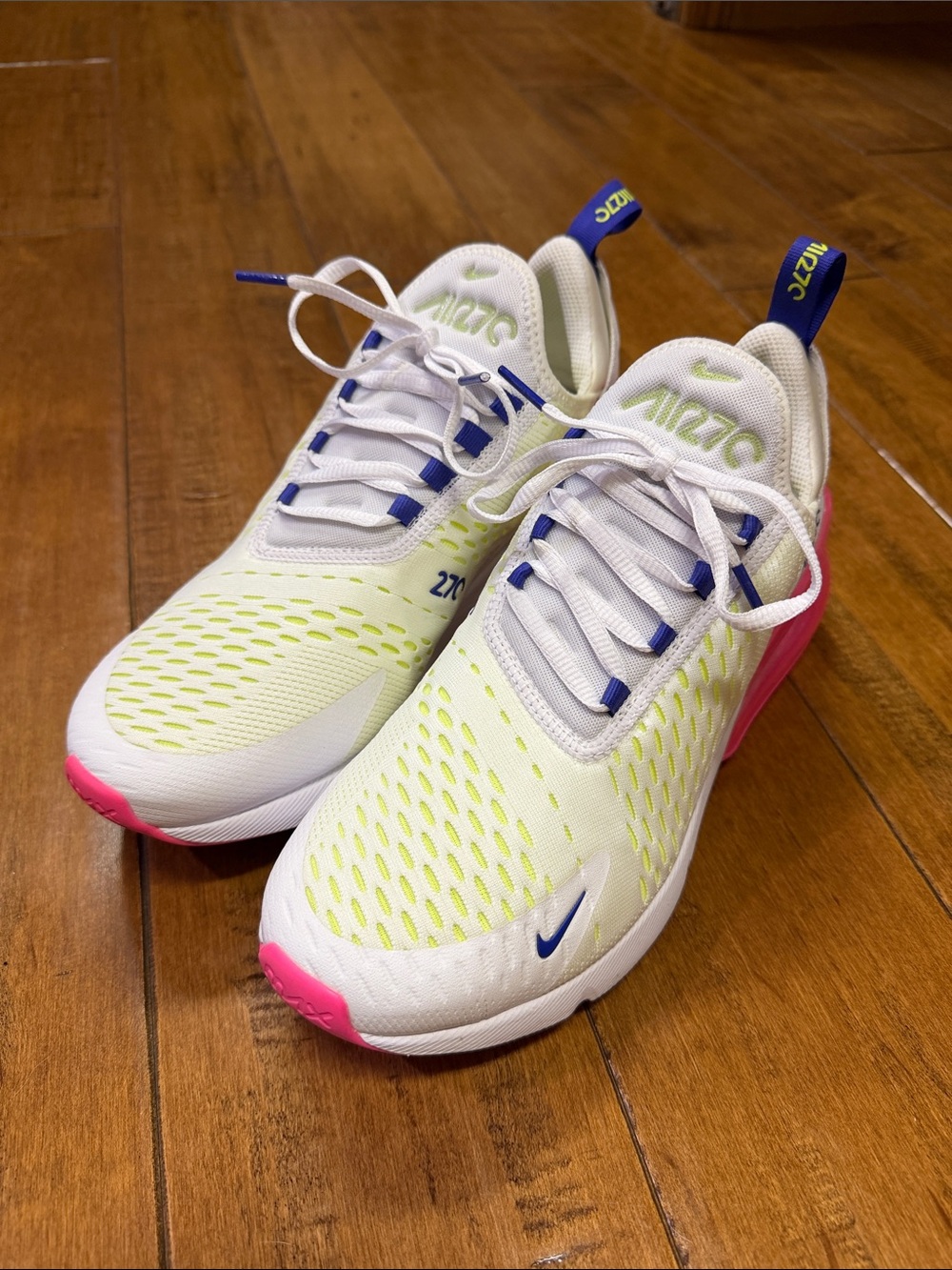 Nike Air Max 270 Women’s Sneakers White Neon Yellow Pink Blue Accents - Picture 2 of 4